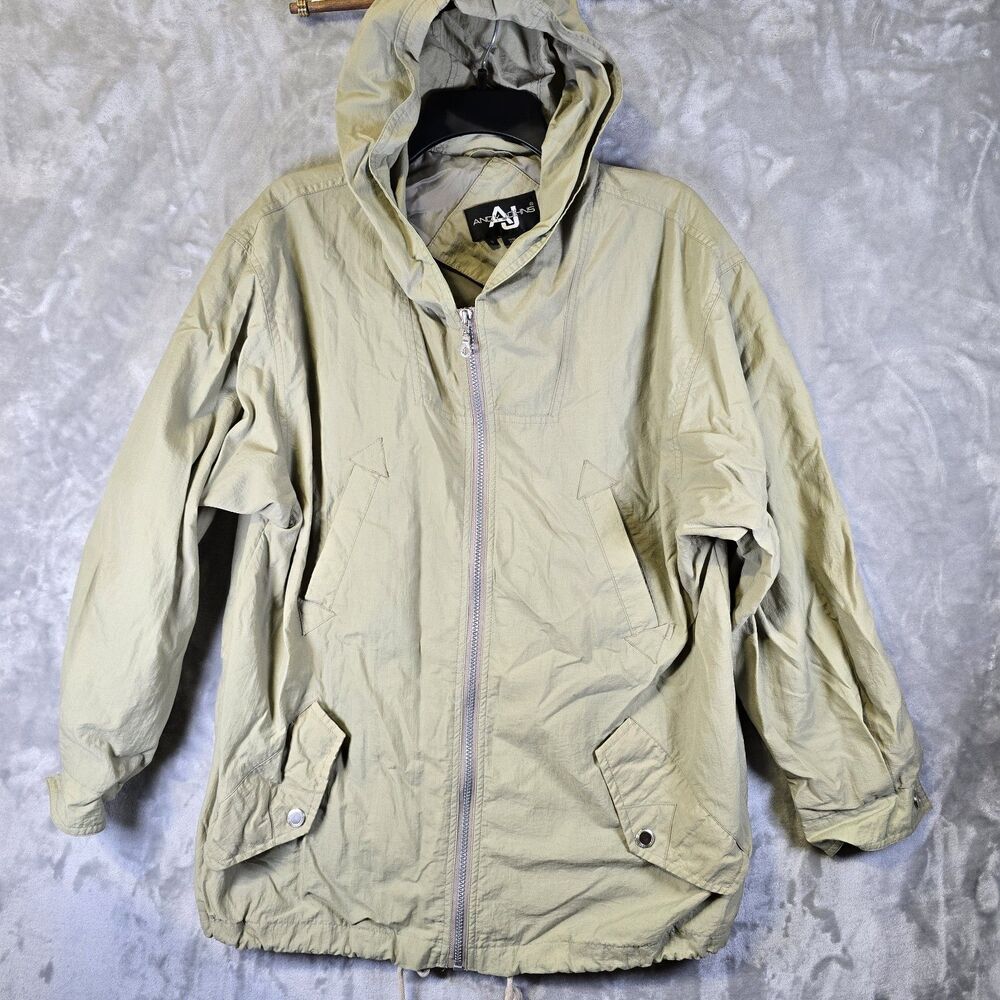 Vintage Andy Johns Womens Rain Coat Jacket Small Sage Green Pockets Hooded Nylon